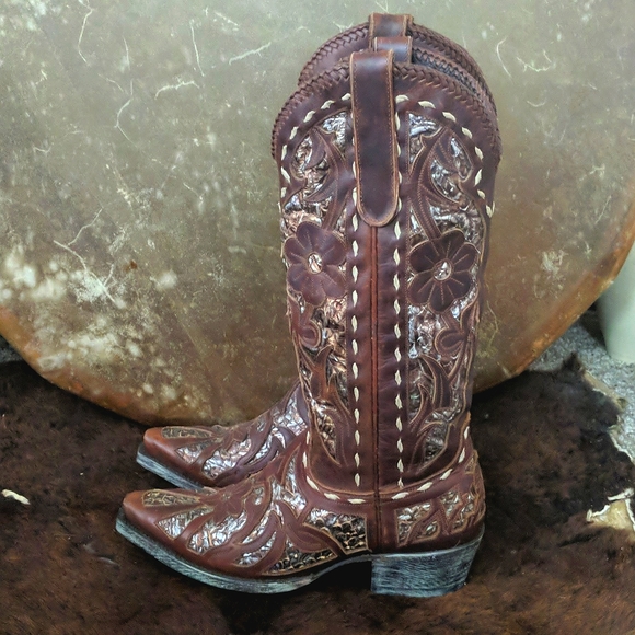 LANE "Poison" floral Chestnut brown & metallic snakeskin underlay cowgirl boots - Picture 2 of 16